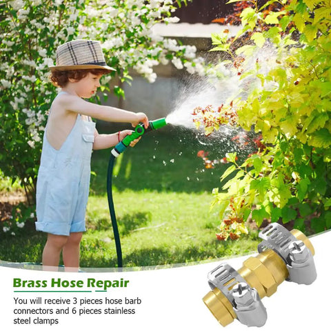 Premium Solid Brass Garden Hose Repair Connector Kit For 3/4 Inch Barb Fitting With Stainless Steel Clamps To Fix Leaks And Breaks Fast, child watering garden