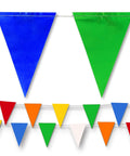 Colorful Pennant Banner Flags For Outdoor Parties And Events, Durable PVC Mesh Construction, OSHA 500 Lb Rated, Fade Resistant Strand, 102 Ft Long, Wide Triangular Flags For High Visibility, multicolor pennant flags on rope