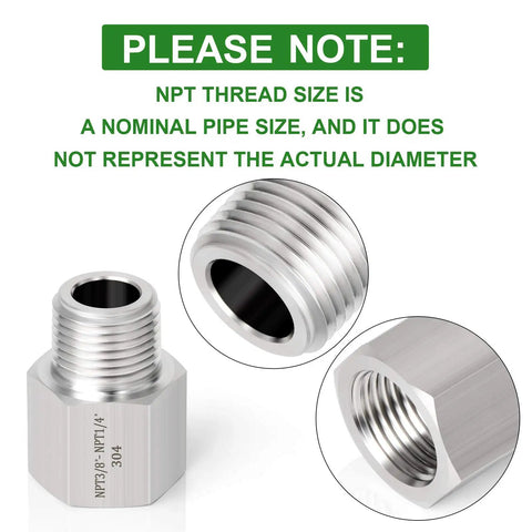Close-up of Dope 5 Piece Forged 304 Stainless Steel Reducer Adapter Set, 1/4 Inch Male NPT To 3/8 Inch Female NPT, industrial pipe fittings.