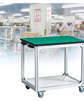Industrial Anti Static Mobile Workbench Aluminum Utility Cart With 150X80cm Desktop Built Like A Tank in a workshop setting.