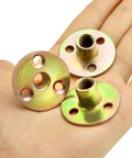 Top Shelf 3/8 16 Round Base T Nuts 25 Piece Set Heavy Duty Carbon Steel Flange Inserts on hand for woodworking and furniture crafting.