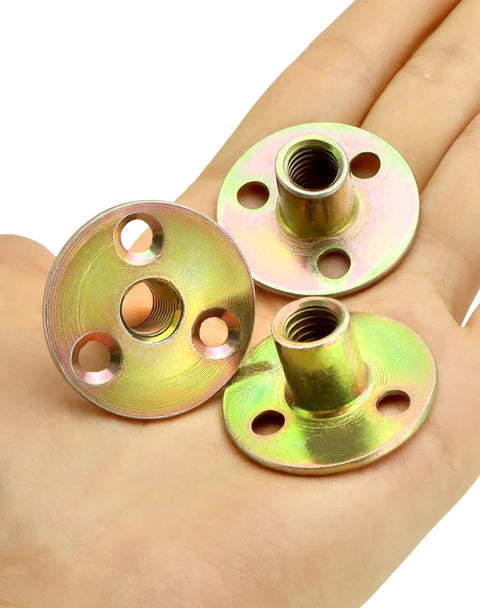 Top Shelf 3/8 16 Round Base T Nuts 25 Piece Set Heavy Duty Carbon Steel Flange Inserts on hand for woodworking and furniture crafting.