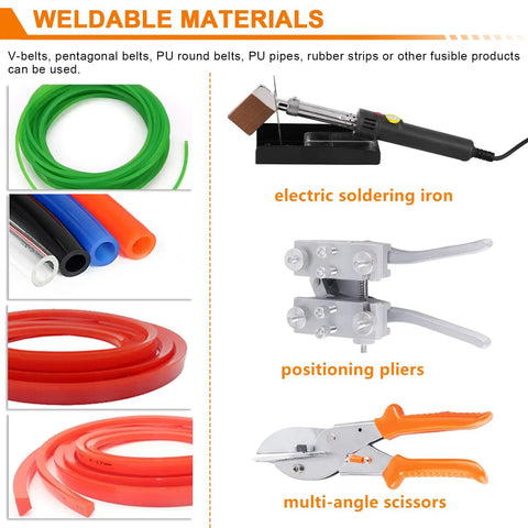 Round Belt Welding Kit with 110V Adjustable Temperature Soldering Iron, poly belt welder, belt splicer, pliers, scissors.