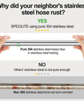 Comparison of 50 Foot Stainless Steel Garden Hose Heavy Duty With Nozzles showing pure 304 stainless steel versus non-304; rust prevention highlighted.
