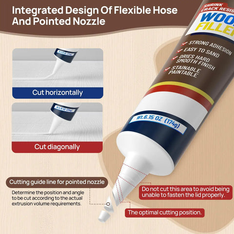 Your Go To Wood Patching Essentials Features Fast Cure Paintable Putty with flexible hose and pointed nozzle design instructions.