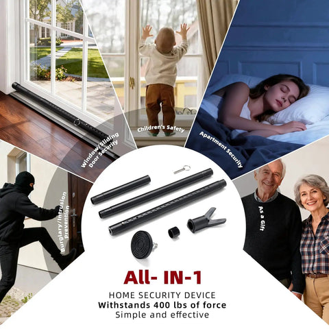 Two Pack Heavy Duty Metal Door Security Bars Adjustable For Hinged And Sliding Glass Doors Non Slip Base with accessories.