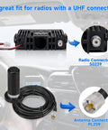 Dual Band Ham Radio Antenna With Magnetic Base And Sixteen Foot Extension Cable For Vehicle And Marine Use Covers VHF 136 To 174 MHz And UHF 400 To 470 MHz PL259 Connector with focus on connectors and installation setup.