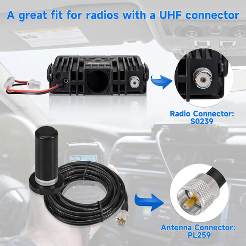 Dual Band Ham Radio Antenna With Magnetic Base And Sixteen Foot Extension Cable For Vehicle And Marine Use Covers VHF 136 To 174 MHz And UHF 400 To 470 MHz PL259 Connector with focus on connectors and installation setup.