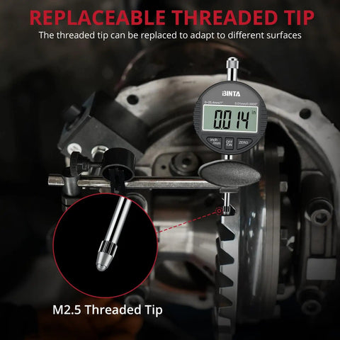 Pro Grade Digital Dial Indicator 1 Inch With 0.0005 Inch Resolution, LCD Readout attached to machinery with replaceable tip