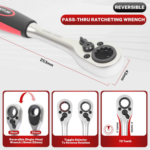 Front view of BILITOOLS strut nut socket wrench with reversible ratchet; silver head, black/red grip