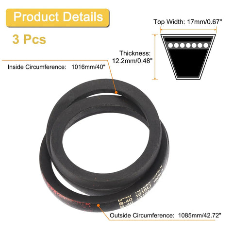 Three Pack B-40 Classic Wrapped V-Belt For Industrial Machines, 43 Inch Outside Circumference, Durable Rubber Drive Belt, Black