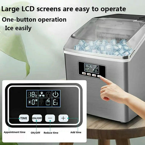 High Octane Countertop Ice Maker Cranks Out Top Shelf Cubes At Record Pace With Up To 25kg Daily Output And Integrated Water Line Hookup For Parties That Never Sleep And Chill Vibes Only; showing large LCD and ice cubes.