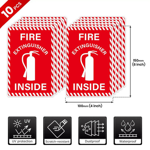 10 Pack Fire Extinguisher Signs Vinyl Decals 6 By 4 Inch Self Adhesive For Trucks Equipment Offices And Business Indoor Safety Stickers Durable Commercial Grade Easy Peel And Apply shown in a set of ten.