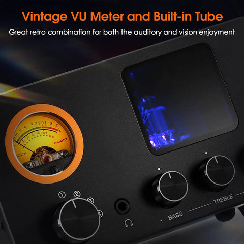 Vacuum Tube Preamplifier And Headphone Amp With VU Meter, 4-Way RCA Selector, Tone Control, No-Nonsense Splitter Box For Receivers, Amps, And Speakers, Powers 16-600 Ohm Headphones, Tube-T5C black metal front panel with VU meter and tube window