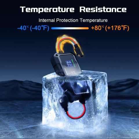 20A 12V/24V MPPT Wireless Solar Charge Controller With Bluetooth App on ice block showing temperature resistance