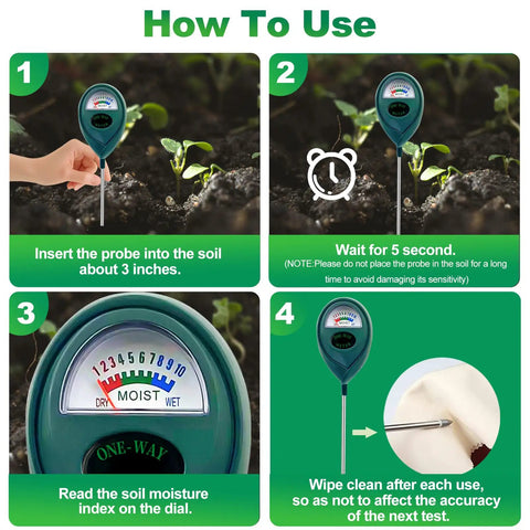 Instruction steps for using Green Soil Moisture Meter For Indoor And Outdoor Plants No Battery Needed, Easy Read Plant Water Tester.