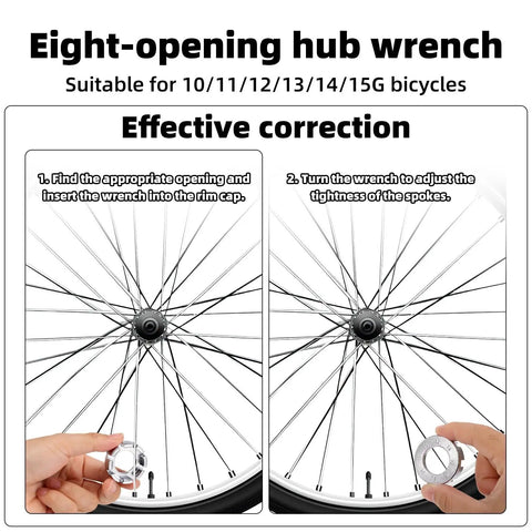 Using an eight-opening hub wrench on a bicycle wheel spoke, part of the 5-Piece Universal Bicycle Spoke Wrench Set With Tire Lever.