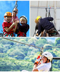 Children and adults using Zipline Pulley Beefy For Rescue, Climbing, Mountaineering and Hauling with helmets in outdoor settings.