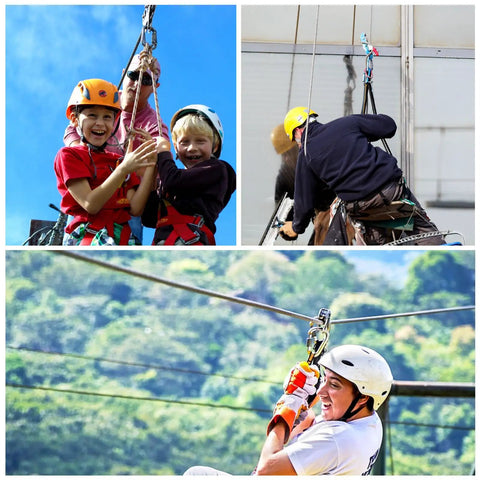 Children and adults using Zipline Pulley Beefy For Rescue, Climbing, Mountaineering and Hauling with helmets in outdoor settings.