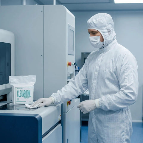 Top Shelf Pro Microfiber Cleanroom Wipers Slick Streak Free Dustless Cloth in use by technician in cleanroom.