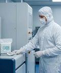 Top Shelf Four Inch Cleanroom Wipes Lint Free Microfiber Cloths For Small Electronics Precision Instruments And Lens Cleaning Delivers Dead On Results With Next Level Absorbency, used by technician in cleanroom.