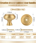 Brushed Gold Solid Brass Cabinet Knobs 5 Pack 1.18 Inch Diameter Drawer Pulls with detailed dimensions and weight shown