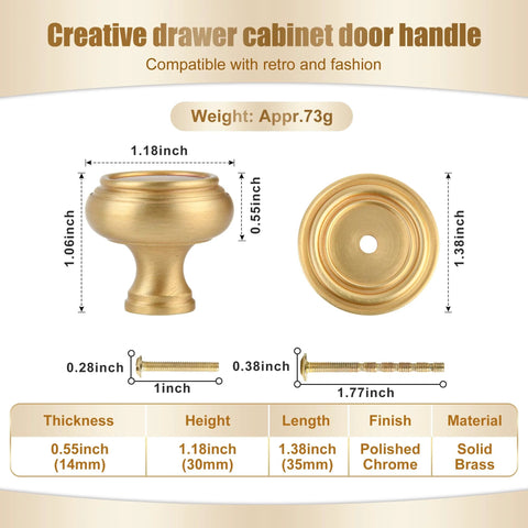 Brushed Gold Solid Brass Cabinet Knobs 5 Pack 1.18 Inch Diameter Drawer Pulls with detailed dimensions and weight shown