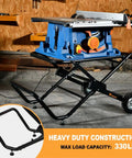 Portable Table Saw Stand With Rock Solid Folding Frame Roll It Around Shop Or Job Site On Grippy Eight Inch Wheels Supports 330 Pounds with blue saw