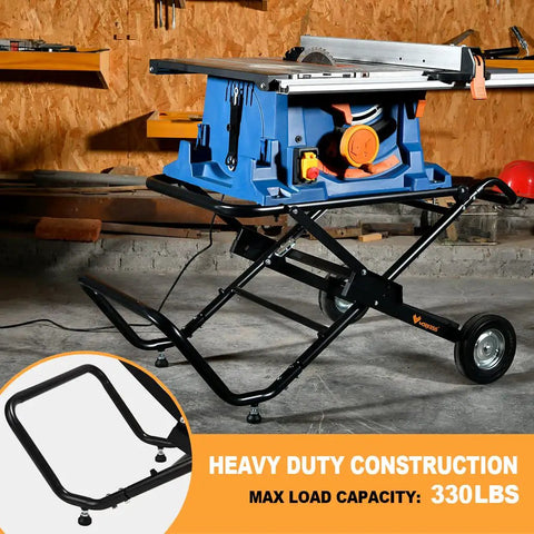 Portable Table Saw Stand With Rock Solid Folding Frame Roll It Around Shop Or Job Site On Grippy Eight Inch Wheels Supports 330 Pounds with blue saw