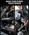 One Quarter Inch Drive Ratchet With Ninety Tooth Gear used in tight spaces on engine, showcasing compact design and functionality.