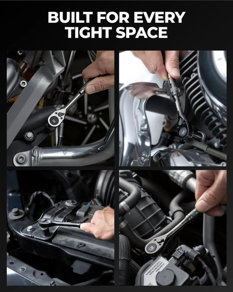 One Quarter Inch Drive Ratchet With Ninety Tooth Gear used in tight spaces on engine, showcasing compact design and functionality.