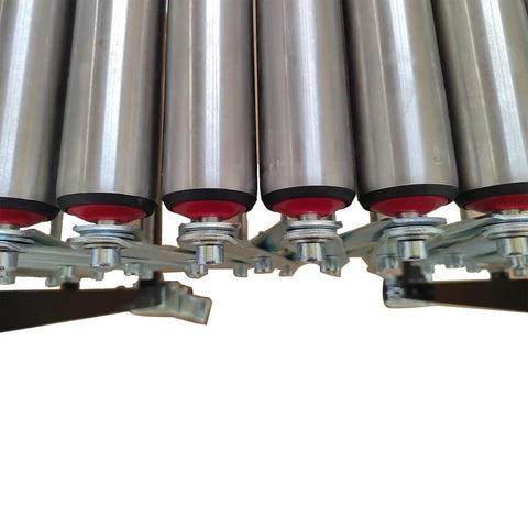 Close-up of stainless steel rollers on an unpowered portable flexible conveyor with height adjustable 29.5 to 45.3 inches and expandable length.