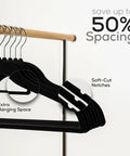 Velvet Hangers 20 Pack Non Slip Next Level With Tie Bar Black Slim Hangers on rack, highlighting soft-cut notches and hanging space.