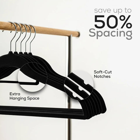 Velvet Hangers 20 Pack Non Slip Next Level With Tie Bar Black Slim Hangers on rack, highlighting soft-cut notches and hanging space.
