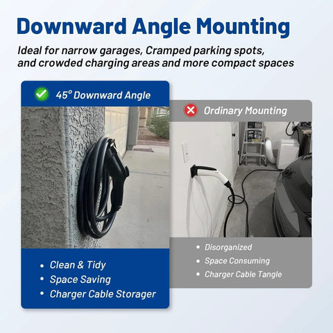 Kickass Ev Charger Holder For Sae J1772 Wall Mount Quick Install Space Saving Cable Hanger With Sweet Downward Angle Design showing 45-degree angle mounting.