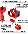 Must-Have Door Lock Installation Kit With Precision Latch Mortise Tool For Smooth DIY Home Hardware Projects And Super Easy Lock Upgrades. Red plastic door latch mortise tool kit with 1" and 2-1/8" hole saws and 1/4" pilot drill