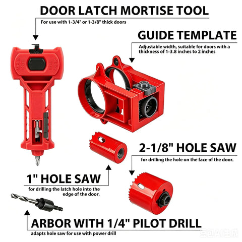 Must-Have Door Lock Installation Kit With Precision Latch Mortise Tool For Smooth DIY Home Hardware Projects And Super Easy Lock Upgrades. Red plastic door latch mortise tool kit with 1" and 2-1/8" hole saws and 1/4" pilot drill