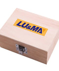 No Nonsense Tongue And Groove Router Bit Set With T Shape And 1/4 Inch Shank in wooden storage box with metal latch.