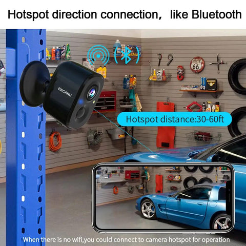 Wireless Outdoor Security Camera With Rechargeable Battery, WiFi AI Motion Detection showcased in a garage setup