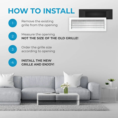 Installation guide for No Hassle Duct Opening Heater Vent Deflector Wall Grille With Adjustable Front Blades above a sofa.