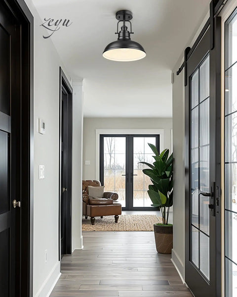 11 Inch Semi Flush Mount Ceiling Light With Industrial Vibe Matte Black Exterior And White Interior One Light Fixture in hallway