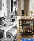 Smooth Rolling Three Tier Vintage Bar Cart On Wheels With Heavy Duty Metal And Wood Frame For Kitchen Home Office Or Weekend Hangout Setup Built Rock Solid With Dual Side Handles showcasing wine bottles and glasses.