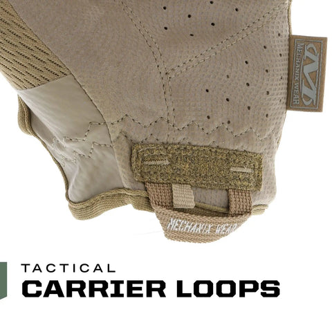 Close-up of High-Dexterity 0.5mm AX-Suede Tactical Gloves with carrier loop detail, brown, Medium Pro.