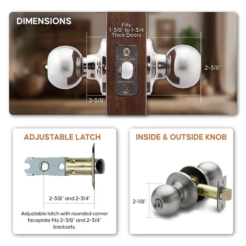 Easy Install Keyed Entry Door Knob Set With Lock And Key, Satin Stainless Finish showing dimensions and adjustable latch