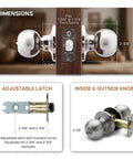 3 Pack Satin Stainless Ball Door Knobs With Keyed Entry For Bedroom Bathroom Closet Or Office, Privacy Lock dimensions and features
