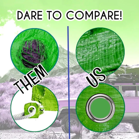 Comparison of 5 Mil Heavy Duty Tarp Cover, lime color, reinforced grommets and seams, against less durable tarp, outdoor background.