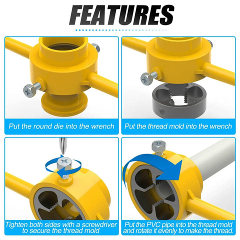 Meanlin 2Pcs Pipe Threader Kit With Npt Die Set For Plumbing Work steps to use the thread mold and wrench for pipe threading.