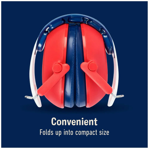 Kids Hearing Protection With Adjustable Headband, 22 dB NRR, folded red earmuffs showing compact size