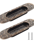 Two Pack 4.13 Inch European Recessed Flush Pull Handle Set In Stainless Steel With Antique Copper Finish, decorative design visible.