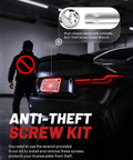 Anti-theft screw kit for No Drill Front License Plate Bracket Universal Mount with image of wrench in use on car.